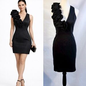 Cache Black Ruffle Shoulder Bodycon Cocktail Mini Dress Womens 8🧡